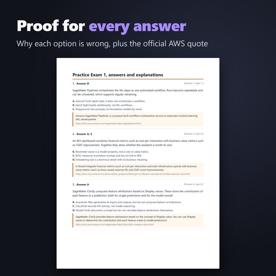 Answer key page, each wrong option explained and the AWS quote with its link