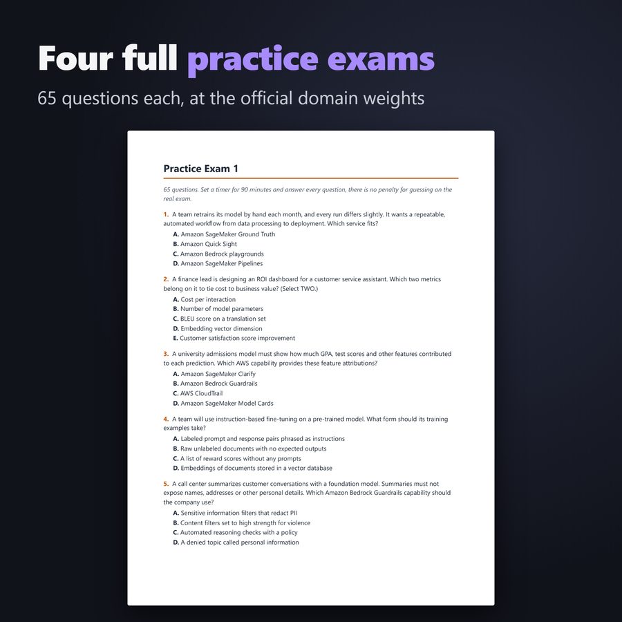 First page of Practice Exam 1, 65 questions at the official domain weights