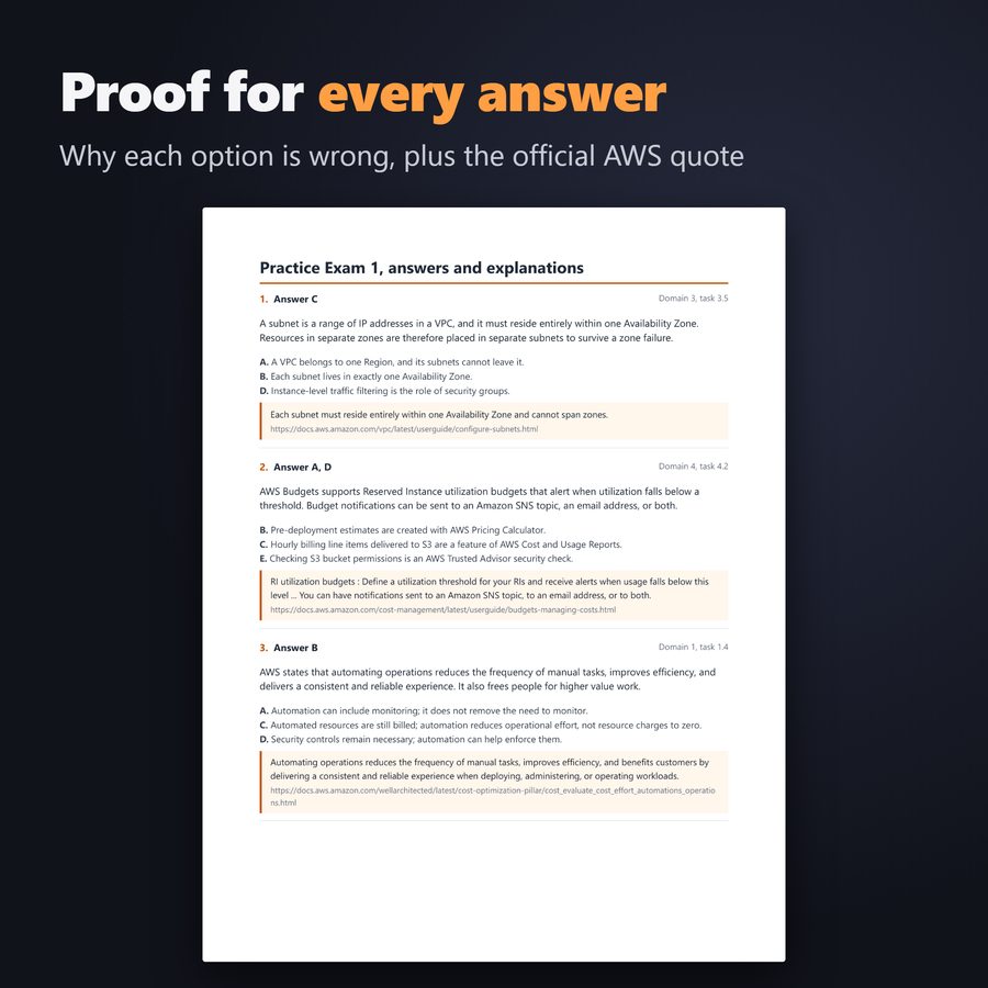 Answer key page, each wrong option explained and the AWS quote with its link