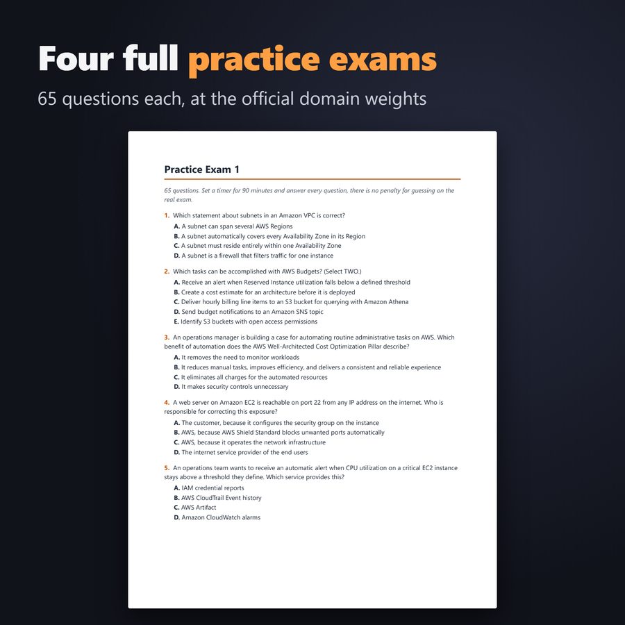 First page of Practice Exam 1, 65 questions at the official domain weights