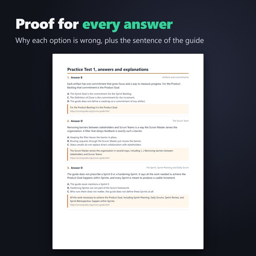 Answer key page, each wrong option explained and the sentence of the Scrum Guide