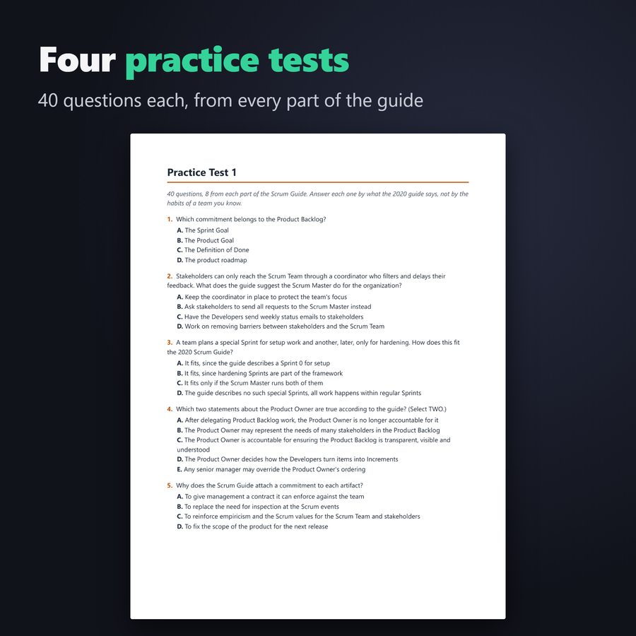 First page of Practice Test 1, 40 questions from every part of the guide