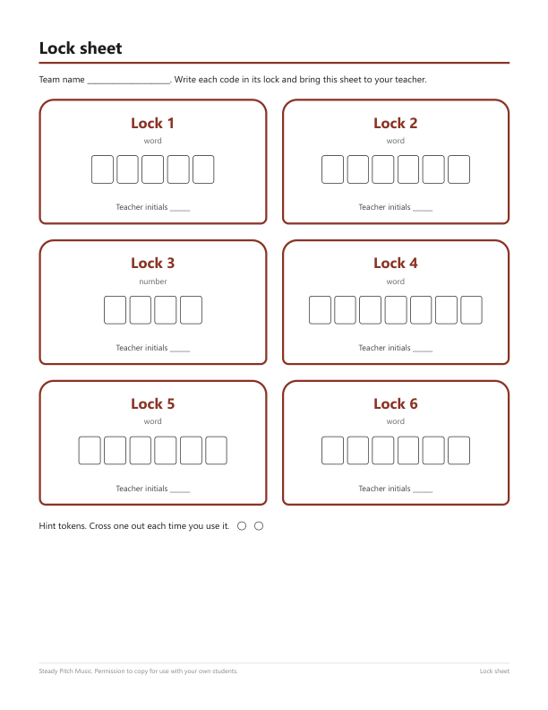 The lock sheet, one per team