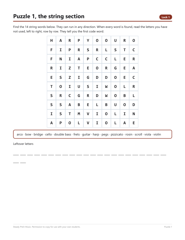 Puzzle 1, a word search with a hidden message