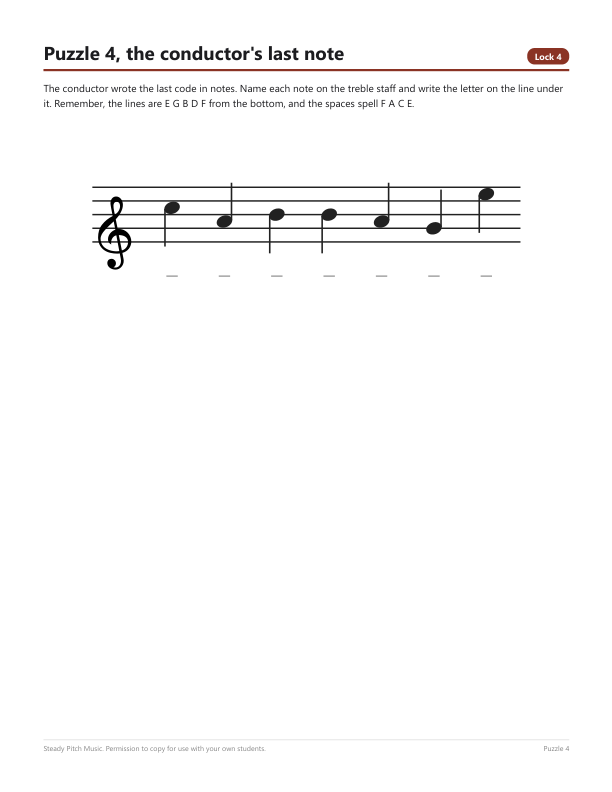 Puzzle 4, a code word written in notes on the treble staff