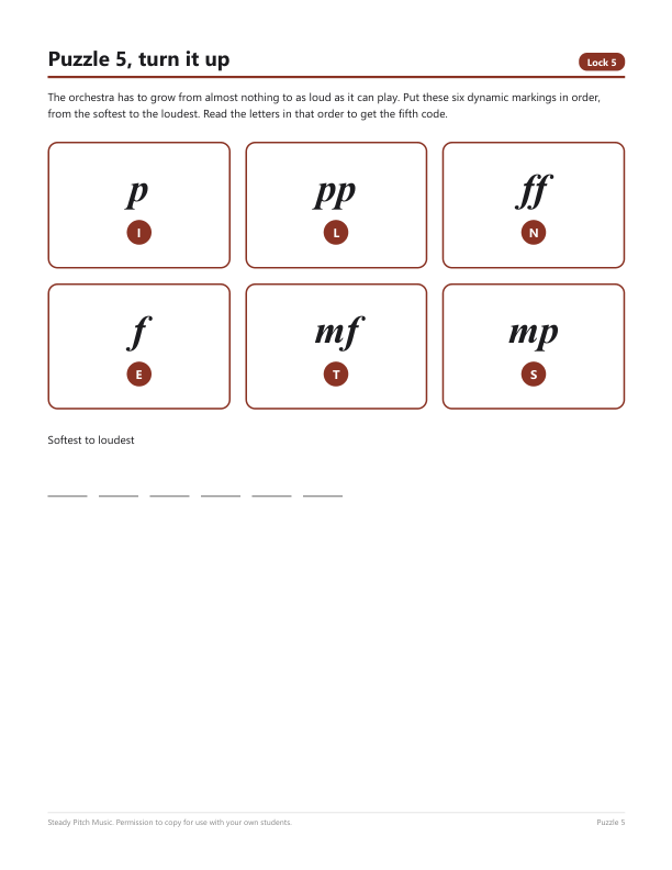 Puzzle 5, six dynamic markings to put in order