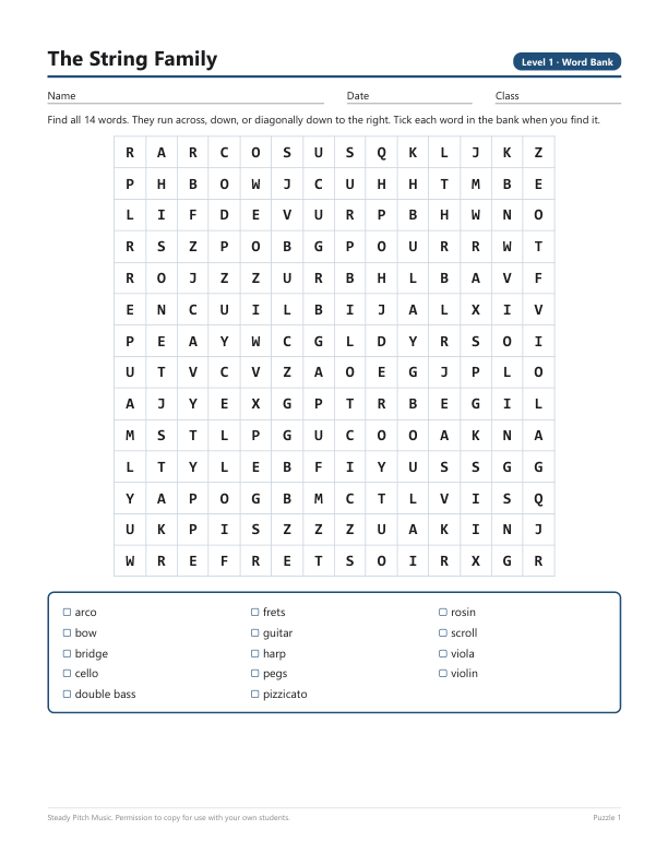 Level 1, the string family word search with its word bank
